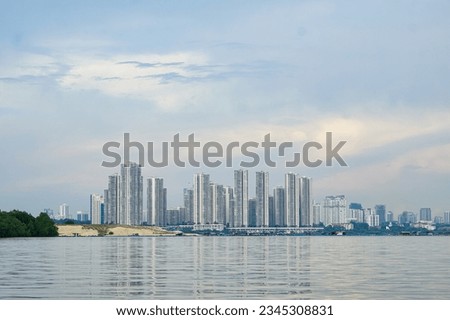 View of high rise buildings and developments at Danga Bay, Johor Bahru, Johor, Malaysia, from the Straits of Johor (Selat Johor).