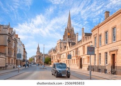 View of High Street road with Cityscape of Oxford - Typical black british taxi cab  - Powered by Shutterstock