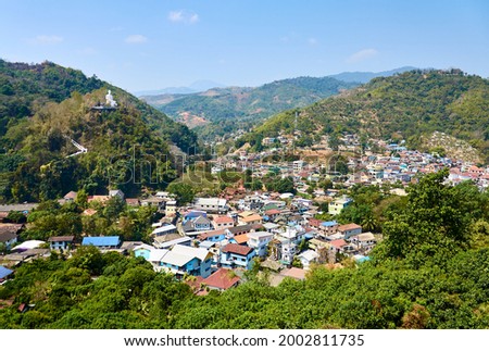 View from the hill of the Thai town of Mae Sai to the border town of Tachilek in Myanmar. view of the Thai Burmese border. Chiang Rai Province. North of Thailand