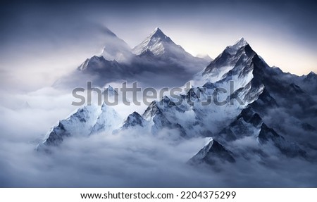 View of the Himalayas on a foggy night - Mt Everest visible through the fog with dramatic and beautiful lighting