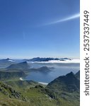 View from Himmeltinden to Haukland Beach in Lofoten, Norway