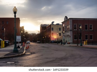 View Of The Historic Armory Square Neighborhood In Downtown Syracuse, NY. Eeerily Quiet Due To The Corona Virus Pandemic