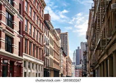 View of the historic buildings along Mercer Street in the SoHo neighborhood of Manhattan, New York City NYC