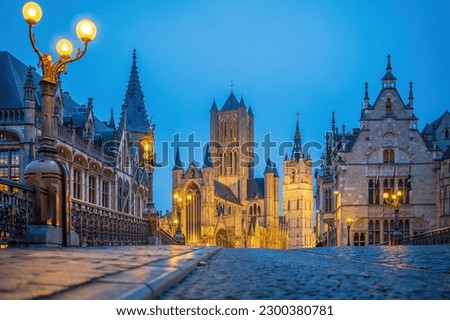 View of  historic city of downtown Ghent, cityscape of Belgium at twilight