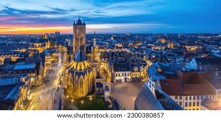 View of  historic city of downtown Ghent, cityscape of Belgium from top view