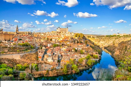 View of the historic city of Toledo with river Tagus, Spain. UNESCO world heritage site.