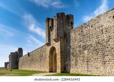 A view of the historic city walls surrounding the Camargue village of Aigues-Mortes