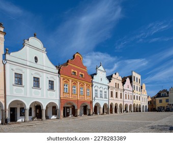 View of historic houses on the square in Telc