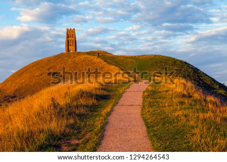 A view of the historic St. Michaels Tower ontop of Glastonbury Tor in Somerset, UK. 