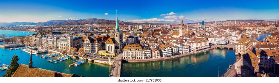 View of historic Zurich city center with famous Fraumunster Church, Limmat river and Zurich lake from Grossmunster Church, Switzerland