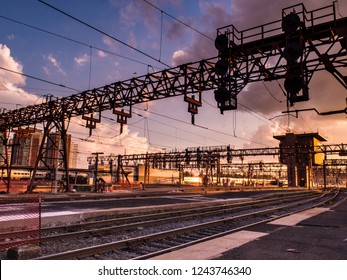 A View Of The Hoboken Train Yard At Sunset.