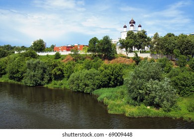 View of the Holy Assumption (Uspensky) Monastery in the city of Orel from the bridge across the Oka River, Russia