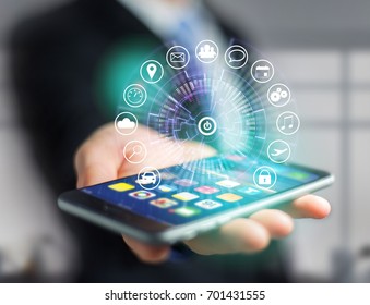 View of a Home button of a technology interface surrounded by application - technology app concept