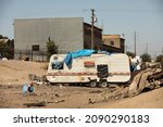 View of a homeless encampment in Stockton, California, USA.