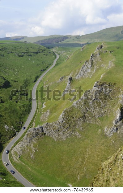 View of Hope\
Valley from Winnats Pass near Castleton in the Peak District\
National Park Derbyshire\
England