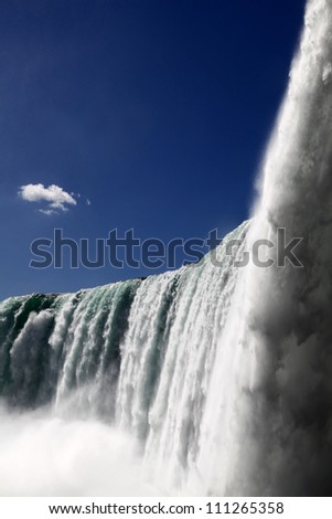 The view of the horse shoe falls on the blue sky background. Niagara Falls, Ontario, Canada