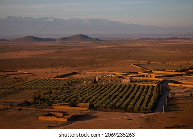 A View From A Hot Air Balloon Of The Desert And Plantations Near Marrakech, Sunrise In April, Morocco