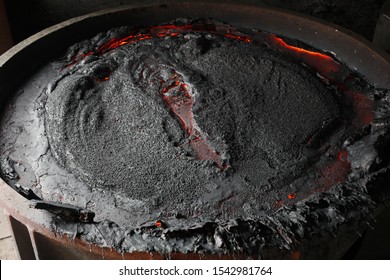 View Of The Hot Slag Of The Copper In The Large Melting Pot. 