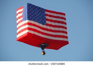 View Of A Hot-air Balloon Shaped Like An American Flag Against Blue Sky, Balloon Festival, Albuquerque, New Mexico, USA