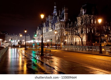 View Of Hotel De Ville (City Hall) In Paris, France At Night