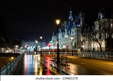 View Of Hotel De Ville (City Hall) In Paris, France At Rainy Night