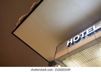 View Of Hotel Sign Board At Night