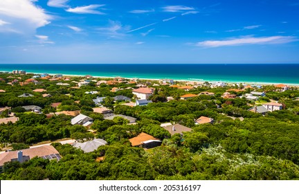 View of houses and the Atlantic Ocean from Ponce de Leon Inlet Lighthouse, Florida.