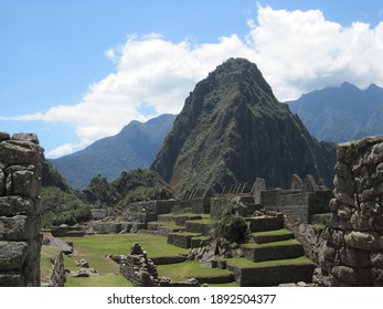 A view of the Huayna Picchu stairs to the peak from Machu Picchu