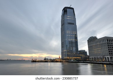 View From Hudson River Waterfront Walkway In Jersey City.