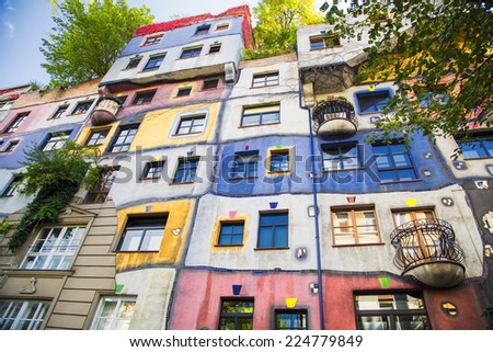 The view of Hundertwasser house in Vienna, Austria