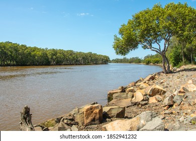 The view of Hunter River banks in Hexham suburb of the city of Newcastle, New South Wales, Australia