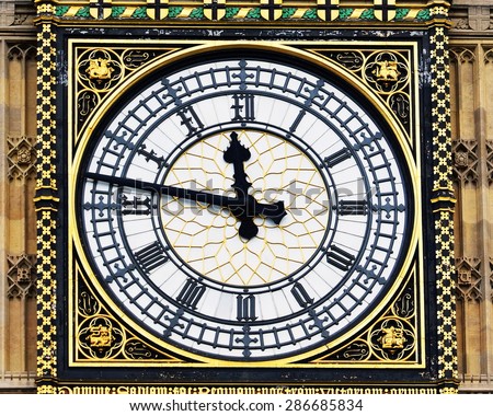 View of the Iconic Clock Face of Big Ben at the Houses of Parliament in Westminster London