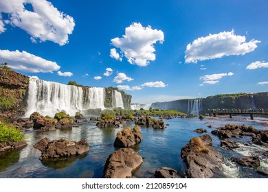 View Of The Iguazu Falls, Border Between Brazil And Argentina. The Falls Are One Of The Seven Wonders Of The World And Are Located In The Iguaçu National Park, A UNESCO World Heritage Site.