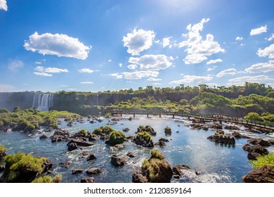 View of the Iguazu Falls, border between Brazil and Argentina. The falls are one of the seven wonders of the world and are located in the Iguaçu National Park, a UNESCO World Heritage Site.