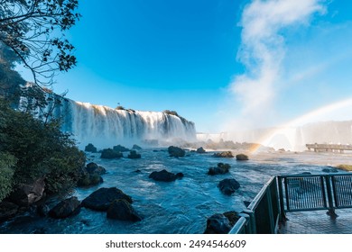 View of the Iguazu Falls, border between Brazil and Argentina. The falls are one of the seven wonders of the world and are located in the Iguaçu National Park, a UNESCO World Heritage Site. - Powered by Shutterstock