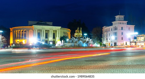 View Of Illuminated Central Square Of Kutaisi With Huge Cascade Structure Of Colchis Fountain On Spring Night, Georgia