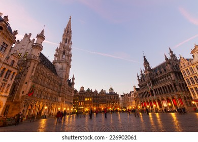 View of illuminated Grand Place and town square at night, Brusseles, Belgium