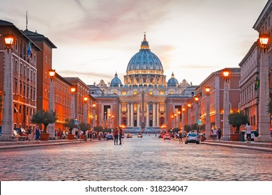 View of Illuminated Saint Peter`s Basilica and Street Via della Conciliazione, Rome, Italy 