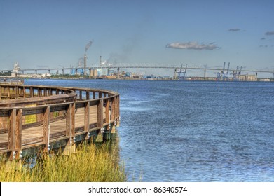 View Of Industry From Riverfront Park In North Charleston, SC In HDR Style.