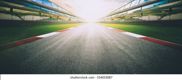 View of the infinity empty asphalt international race track, digital imaging retouch and  montage background . evening scene . - Shutterstock ID 554053087