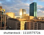 A view from Inflancka St on Intraco Tower and North Gate at sunset, two high-rise office buildings in Warsaw, Poland
