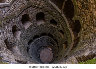 View of the initiation well inside of Quinta da Regaleira palace at Sintra, Portugal.