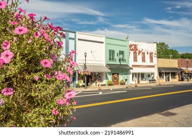 View of Inman, South Carolina. Focus on a beautiful, flowering bush with downtown Inman in the background. Colorful shops in a quaint, rural, small, southern town. - Shutterstock ID 2191486991