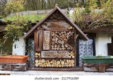 View to an insect house in the garden, protection for insects, named insect hotel, Insektenhotel.