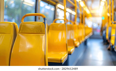 View inside a bus showing multiple rows of empty yellow seats, with sunlight streaming through the windows.