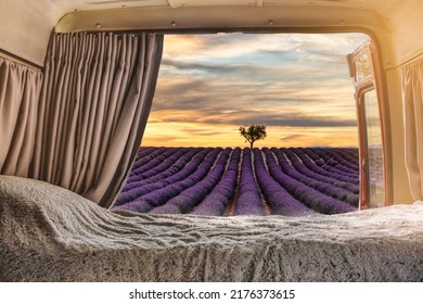 View From The Inside Of A Campervan Adapted The Lavender Fields In Provence, France At At Sunset - Freedom Concept - Digital Nomad Life

