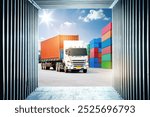 View From Inside The Container. Semi trailer Trucks and Containers Cargo Shipping. Handling of Logistics Transportation Industry. Cargo Container ships, Freight Truck Logistics. 