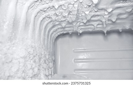 View of the inside of a coolcase freezer or Refridgerator with ice-covered walls.