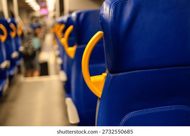 View inside an empty Dutch train driving in the Netherlands in the evening. . High quality photo