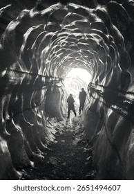 View from inside an ice cave with smooth, wavy walls reflecting natural light. Two silhouetted figures stand at the bright cave entrance, creating a dramatic and atmospheric scene.